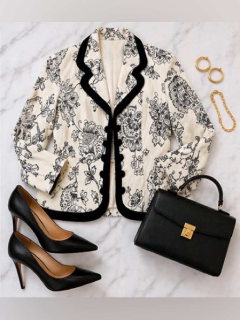 [Zelda] Vintage Black & White Floral Lined Blazer Sz 6 Tailored Statement Jacket - Picture 5 of 12